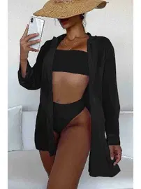 Angelsin Uzun Kollu Şifon Gömlek Plaj Elbisesi Pareo Siyah MS4357