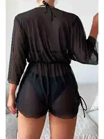 Büzgülü Şifon Pareo Plaj Elbesi Cover Up Kimono Siyah Angelsin 4204 Siyah farklı açı