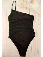 Tek Kol Önden Komple Büzgülü Mayo Mayokini Siyah Angelsin MS4344 Siyah farklı açı