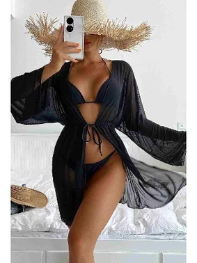 Angelsin Angelsin Uzun Önden Bağlamalı Plaj Elbisesi Pareo Kimono Siyah