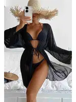 Angelsin Uzun Önden Bağlamalı Plaj Elbisesi Pareo Kimono Siyah Siyah