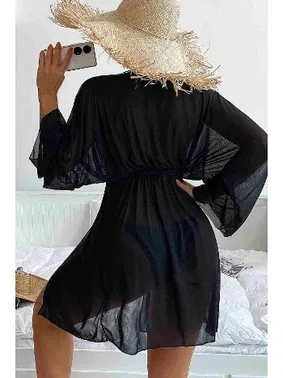 Angelsin Angelsin Uzun Önden Bağlamalı Plaj Elbisesi Pareo Kimono Siyah - Alternatif Görünüm