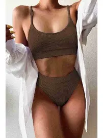 Angelsin Yüksek Belli Geniş Kesim Fitilli Kumaş Bikini Altı Angelsin Kahverengi