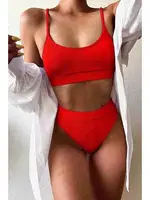 Angelsin Yüksek Bel Fitilli Kumaş Tankini Bikini Takım Kırmızı Kırmızı
