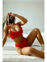 Angelsin Yüksek Bel Fitilli Kumaş Tankini Bikini Takım Kırmızı Kırmızı detay görünüm
