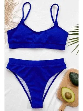 Angelsin Angelsin Yüksek Bel Fitilli Kumaş Tankini Bikini Takım Saks - Alternatif Görünüm
