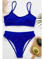 Angelsin Yüksek Bel Fitilli Kumaş Tankini Bikini Takım Saks Saks detay görünüm
