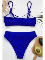 Angelsin Yüksek Bel Fitilli Kumaş Tankini Bikini Takım Saks Saks farklı açı