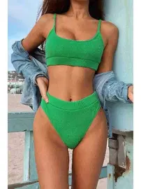 Angelsin Yüksek Belli Kaplı Fitilli Kumaş Tankini Bikini Takım Yeşil Angelsin 4371