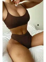 Kaplı Yüksek Bel Fitilli Kumaş Tankini Bikini Üstü Kahverengi Angelsin 43719 Kahverengi detay görünüm