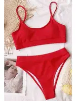 Angelsin Yüksek Bel Fitilli Kumaş Tankini Bikini Üstü Kırmızı Kırmızı farklı açı