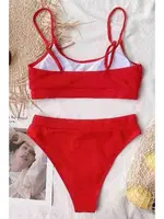 Angelsin Yüksek Bel Fitilli Kumaş Tankini Bikini Üstü Kırmızı Kırmızı görsel 4