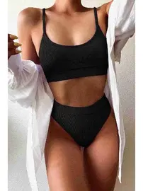 Angelsin Yüksek Bel Fitilli Kumaş Tankini Angelsin Bikini Üstü MS43719-Siyah