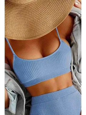 Angelsin Angelsin Yüksek Bel Özel Kumaş Tankini Bikini Üstü Mavi