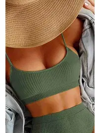 Angelsin Angelsin Yüksek Bel Özel Kumaş Tankini Bikini Üstü Yeşil