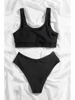 Yüksek Bel Tankini Bikini Takım Siyah Angelsin MS4345 Siyah detay görünüm