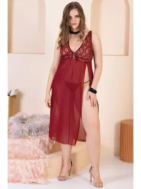 İzabel Büyük Beden Erotik Uzun Gecelik Bordo İzabel 5008