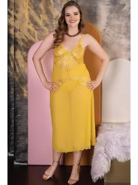 İzabel Büyük Beden Sarı Erotik Seksi Uzun Gecelik İzabel 5001