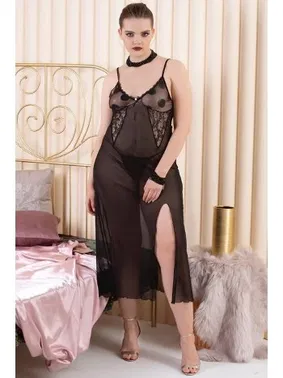 İzabel Büyük Beden Siyah Erotik Uzun Gecelik İzabel 5009