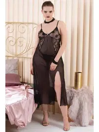 İzabel Büyük Beden Siyah Erotik Uzun Gecelik İzabel 5009