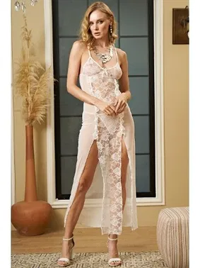 İzabel Çift Yırtmaçlı Fantezi Askılı Gecelik Uzun Beyaz İzabel 2037