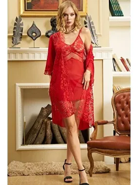 İzabel Dantel Sabahlıklı Kırmızı 3lü Fantezi Gecelik Takım İzabel 3005