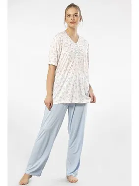 Türen Desenli Yakası Düğmeli Kısa Kollu Battal Beden Kadın Pijama Takımı Türen 3369