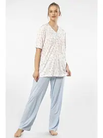 Türen Desenli Yakası Düğmeli Kısa Kollu Battal Beden Kadın Pijama Takımı Türen 3369