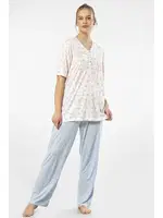 Desenli Yakası Düğmeli Kısa Kollu Battal Beden Kadın Pijama Takımı Türen 3369 Mavi