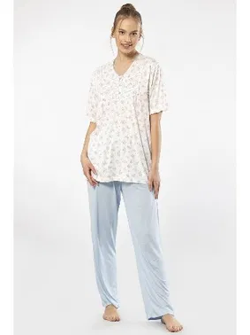 Türen Desenli Yakası Düğmeli Kısa Kollu Battal Beden Kadın Pijama Takımı Türen 3369 - Alternatif Görünüm