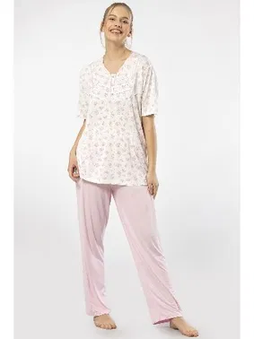 Türen Yakası Düğmeli Kısa Kollu Empirme Battal Beden Kadın Pijama Takımı Türen 3369 - Alternatif Görünüm