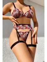 Bacak Bantlı Çiçek Desenli Fantazi Sütyen Külot Takım NightLight 3448 Siyah