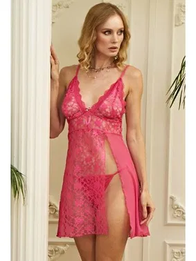 İzabel Geniş Dekolteli Fantezi Kısa Gecelik Takımı Pembe İzabel 1032