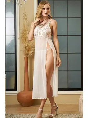 İzabel Göğse Kadar Yırtmaçlı Beyaz Fantezi Gecelik Askılı Uzun İzabel 2036