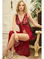 Kadın Askılı Tül Gecelik Dantel Uzun Gecelik İzabel 2005 Bordo