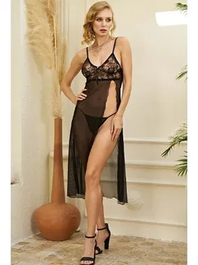 İzabel Kadın Dekolteli Transparan Tül Dantel Uzun Gecelik Siyah İzabel 2001