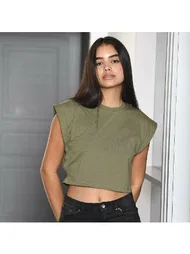 Türen Kısa Kollu Pamuklu Vatka Görünümlü Crop T-shirt Türen 3402