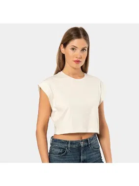 Türen Kısa Kollu Vatka Görünümlü Crop Kadın T-shirt Türen 3402/Krem