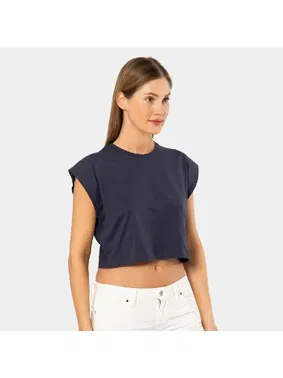 Türen Lacivert Vatka Görünümlü Kadın Crop T-shirt Türen 3402