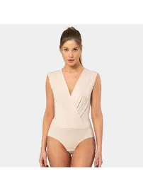 Türen Kruvaze Yaka Bej Kolsuz Çıtçıtlı Kadın Body Türen 3502