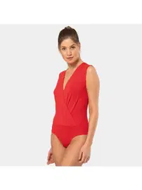 Türen Kırmızı Kruvaze Yaka Çıtçıtlı Kolsuz Body Türen 3502