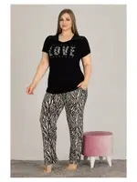 Lady Kısa Kollu Büyük Beden Pijama Love Siyah