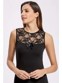 İlke Likrali Siyah Dantelli Kolsuz Biyeli T-shirt İlke 2502