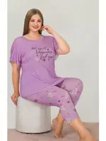 Lila Kısa Kollu Büyük Beden Kapri Pijama Takımı Lady 10643