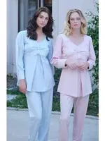 Kazayağı Desenli Lohusa Üçlü Pijama Takım Bone Club 5529 Pudra detay görünüm