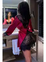 Arkası Dantel Dekolteli Saten Sabahlık Gecelik Takım Merry See 2354 Kırmızı görsel 4