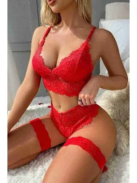 Merry See Bacak Aksesuarlı Dantelli Fantazi Sütyen Külot Takım Merry See