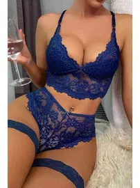 Merry See Bacak Aksesuarlı Dantelli Sütyen Külot Takım Lacivert Merry See MS3252