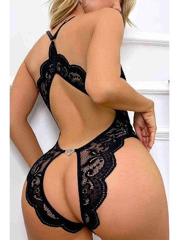 Merry See Dantel Özel Bölgesi Açık Sırt Aksesuarlı Fantezi iç Giyim Siyah