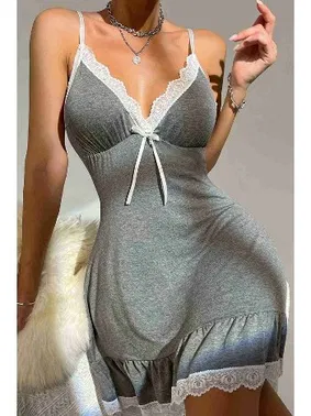 Merry See Dantelli İşleme Etek Büzgülü Penye Gecelik Gri Merry See MS2363